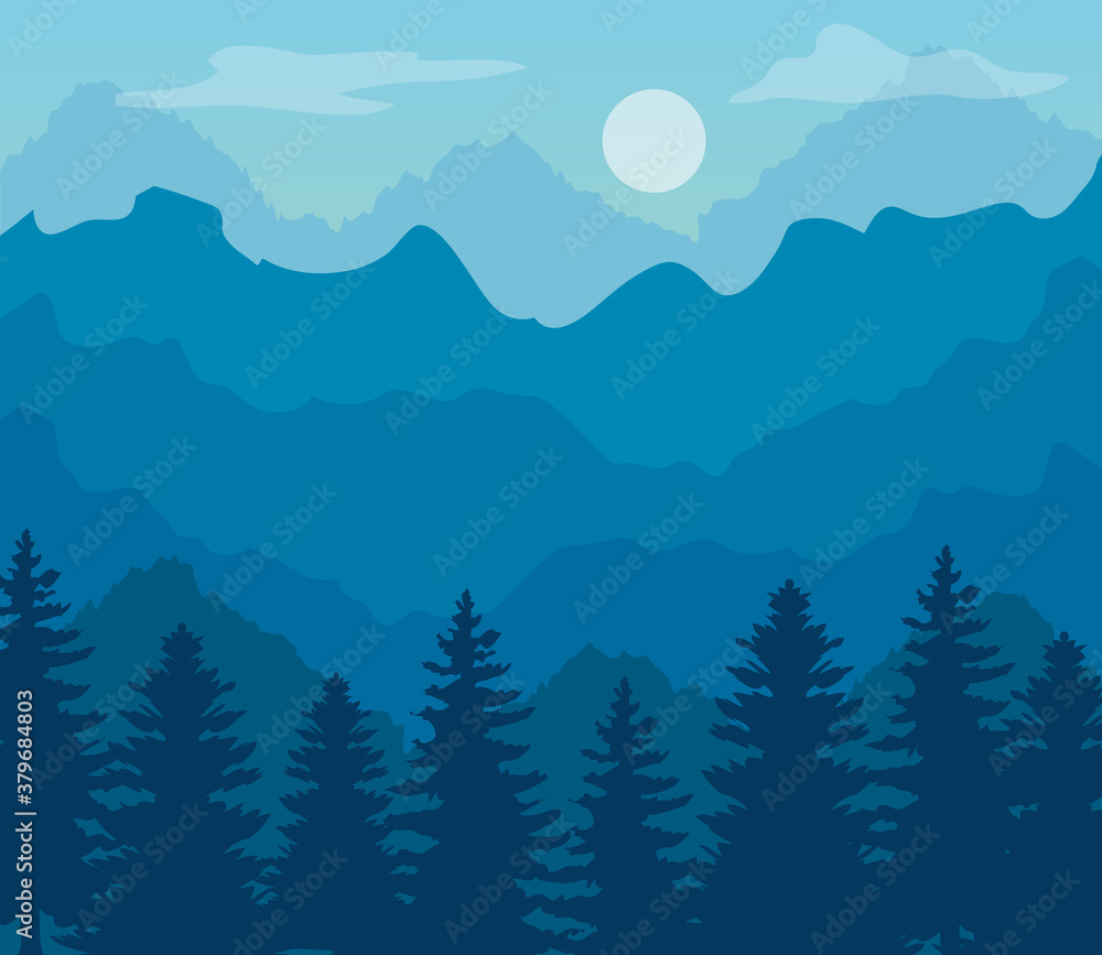Fototapeta premium blue landscape with silhouette of mountains and tree pine vector illustration design