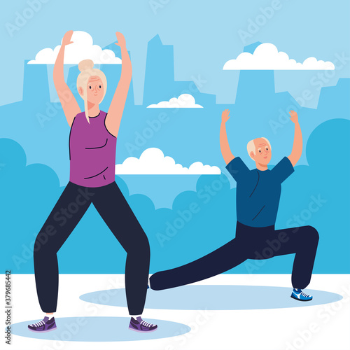 senior couple practicing exercise outdoor, sport recreation concept vector illustration design