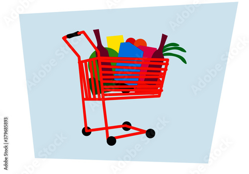 A raid on a supermarket. The cart is full of useful goods. Vector image for illustrations.