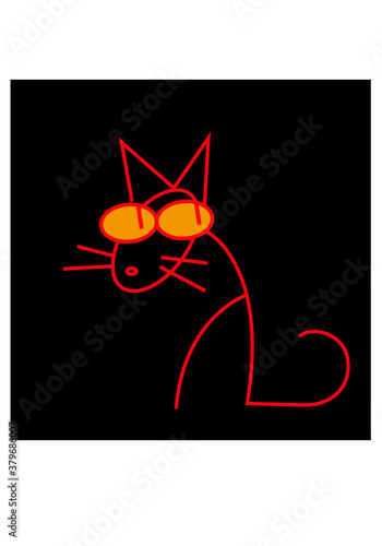 Simple linear drawing of a red cat on a black background. Vector image for logo and illustrations.