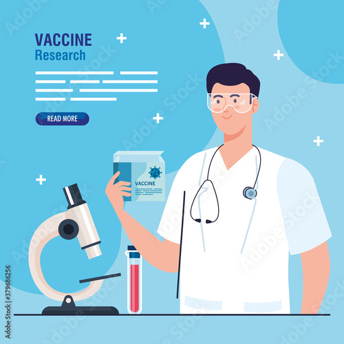 medical vaccine research, doctor with laboratory instruments in development coronavirus covid19 vaccine vector illustration design