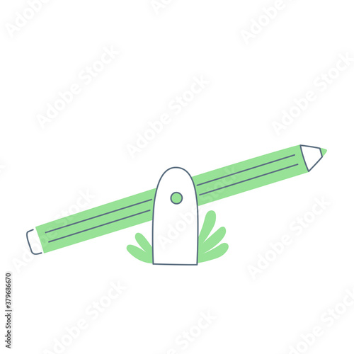 Swing or seesaw made from a pencil. Comparison and balance concept, unbalanced, and unequal weightiness. Flat line vector illustration on white
