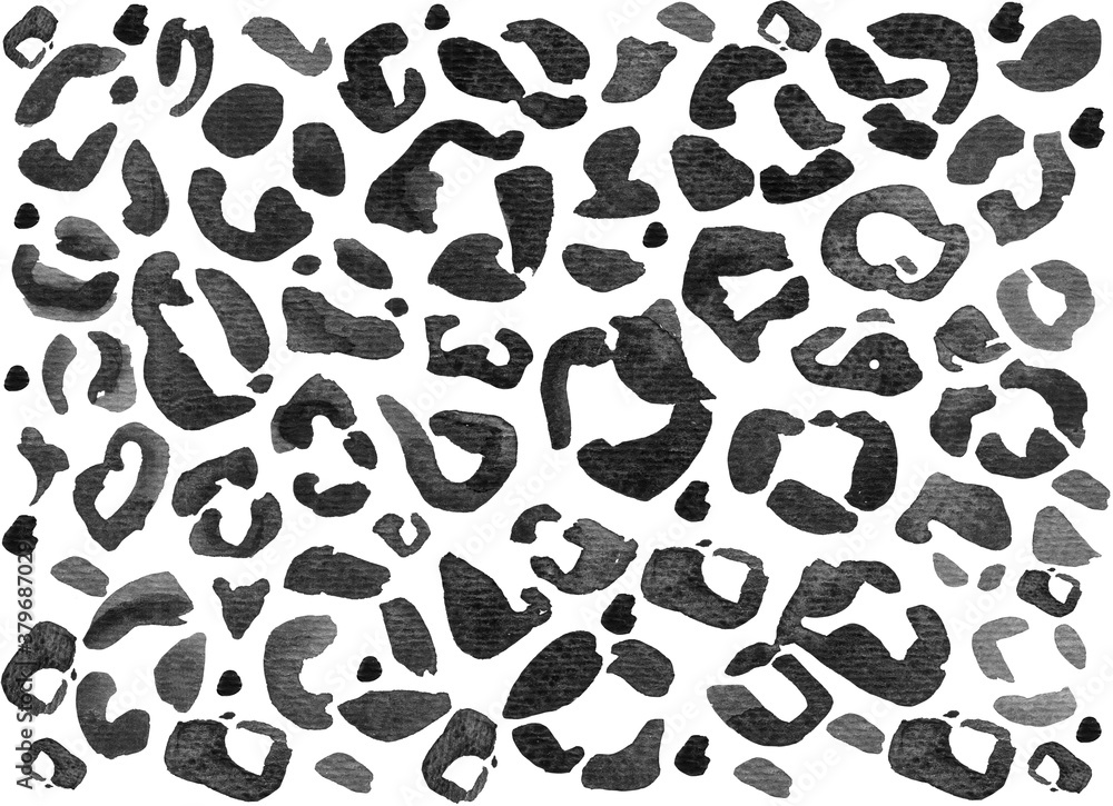 Watercolor leopard skin, Jaguar, Cheetah, Panther fur. Black and white animal skin pattern, seamless camouflage background. The design is well suited for fabric, Wallpaper, packaging, background