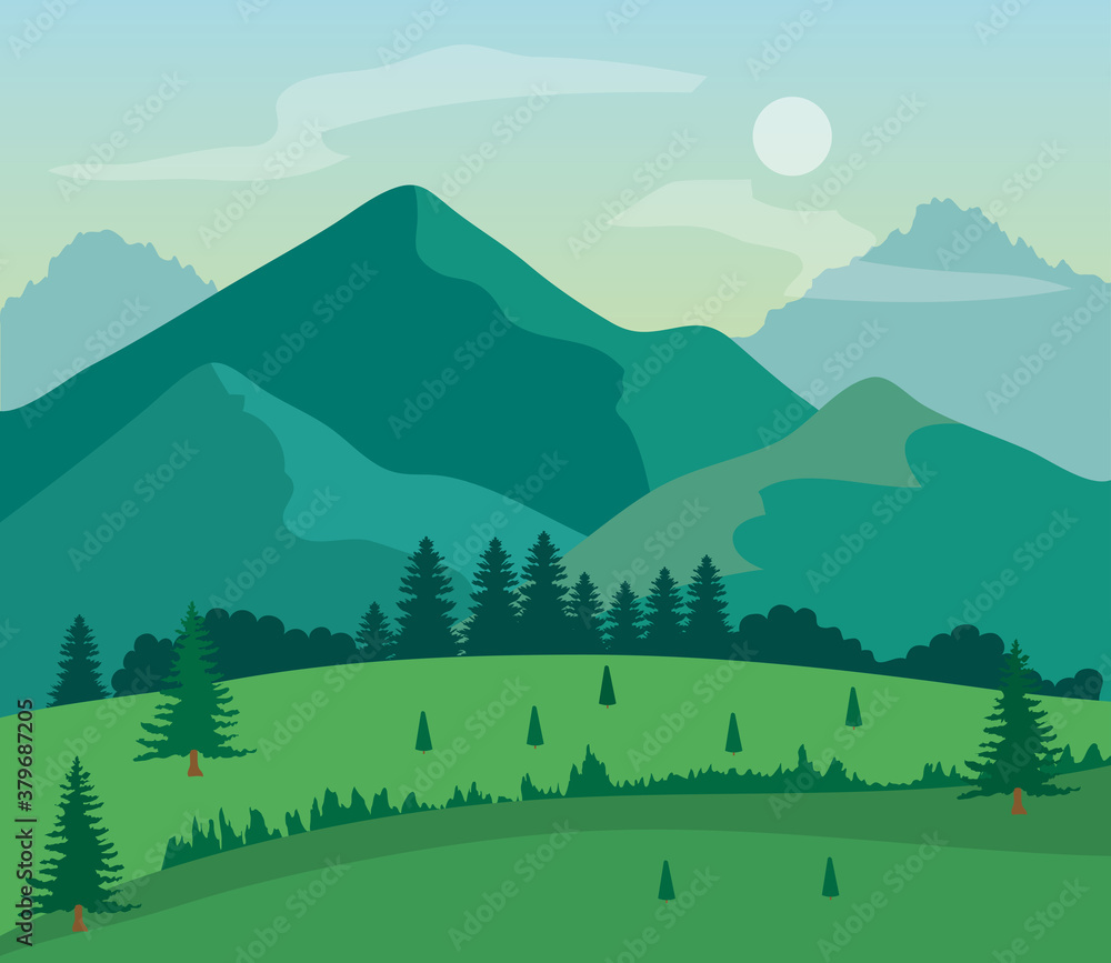 landscape nature with grass field, pine trees and mountains vector illustration design