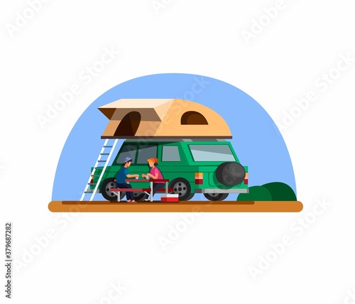 Camping in car rooftop tent. adventure trip in outdoor illustration concept in flat cartoon vector