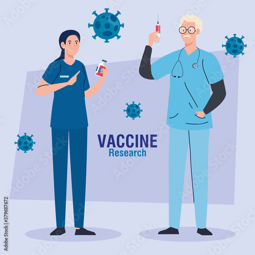 medical vaccine research, couple doctors professionals in development coronavirus covid19 vaccine vector illustration design