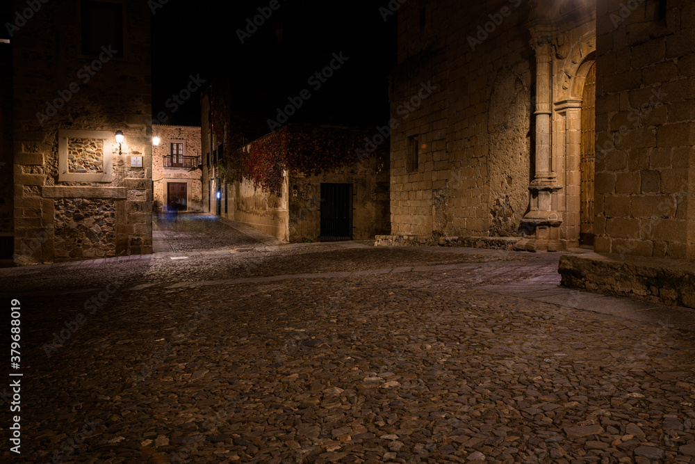 Night scape of Cáceres old town city, UNESCO World Heritage City, Extremadura, Spain