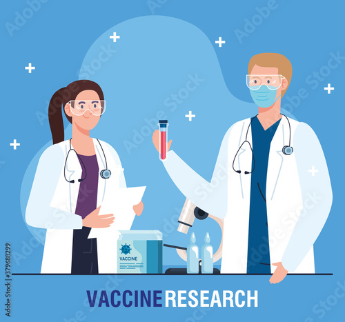 medical vaccine research, couple doctors professionals on development coronavirus covid19 vaccine vector illustration design