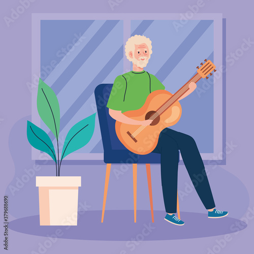 senior man playing guitar in the house vector illustration design