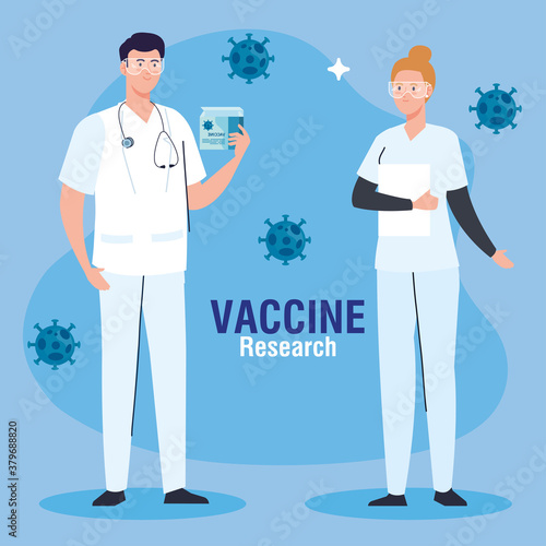 medical vaccine research, couple doctors professionals in development coronavirus covid19 vaccine vector illustration design
