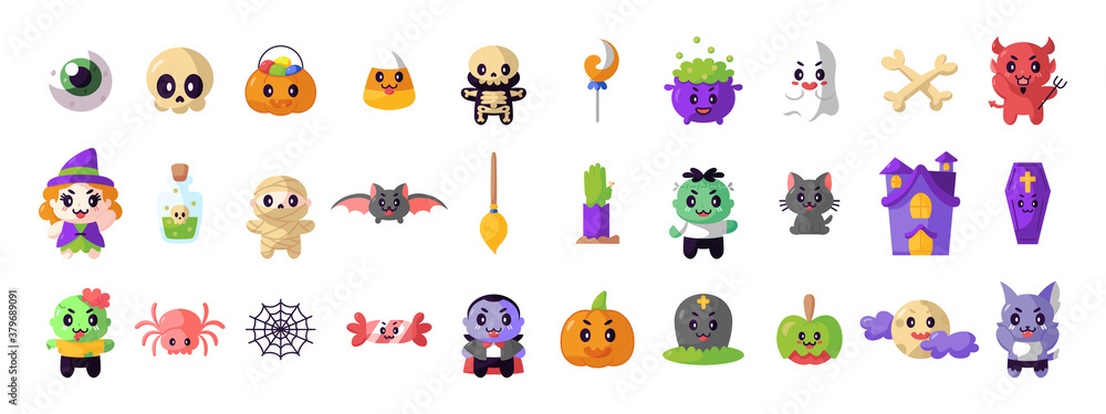 Obraz premium Set of halloween kawiaii icons - Vector illustration