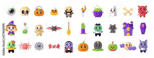 Set of halloween kawiaii icons - Vector illustration
