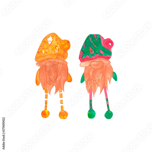 Two watercolor gnomes Christmas, New Year holiday illustration isolated object on white background. 