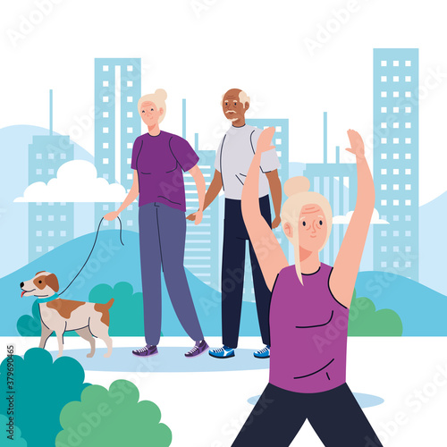 senior people doing different activities and hobbies in outdoor vector illustration design