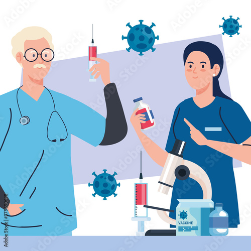 medical vaccine research, couple doctors with laboratory instruments in development coronavirus covid19 vaccine vector illustration design