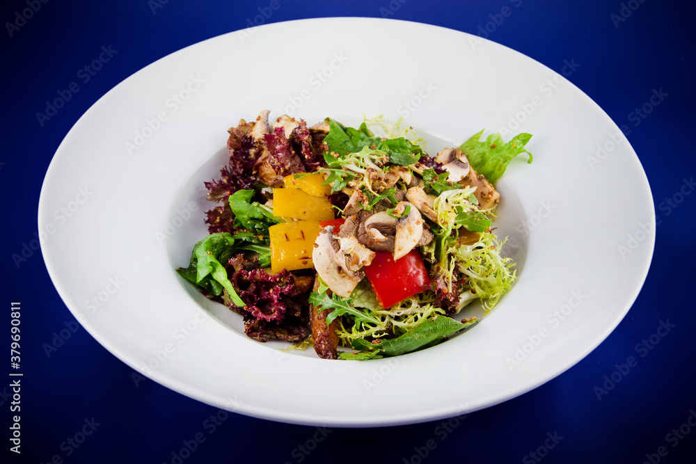 Vegetable salad with mushrooms, bell peppers, onions, lettuce and sauce with mustard seeds. Vegetable salad with mushrooms, bell peppers, onions, lettuce and sauce with mustard seeds.
