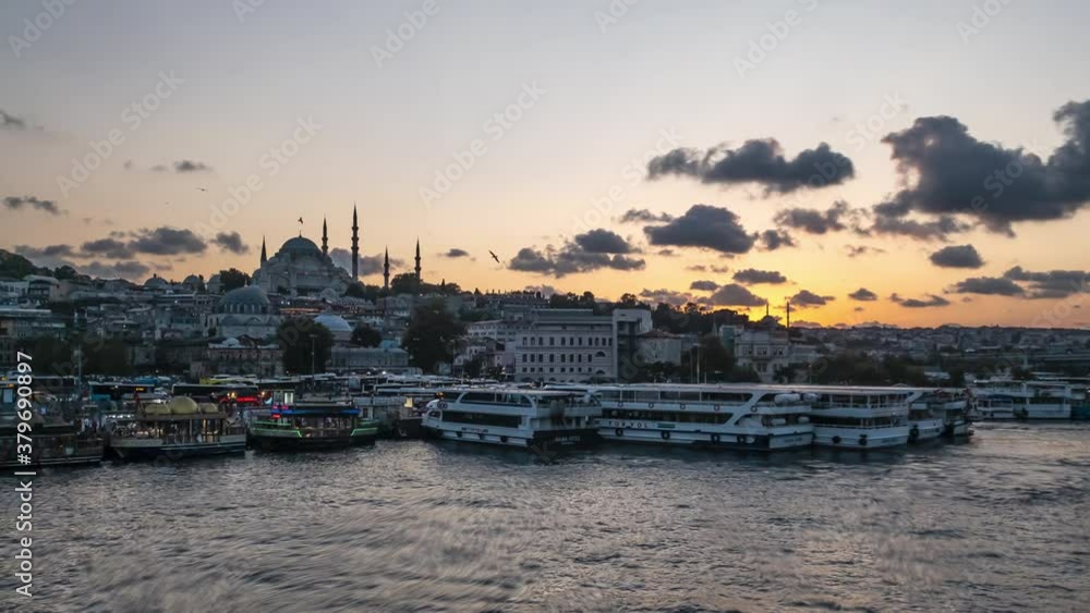 Istanbul Bosphorus Riverside with Boats and Mosque Silhouette Beautiful Sunset Time Lapse Istanbul Bosphorus Riverside with Boats and Mosque Silhouette Beautiful Sunset Time Lapse