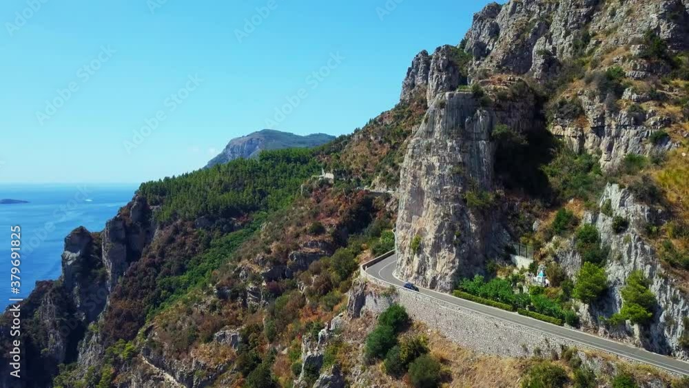 Cars Driving on Road Napoli Amalfi Coastline Seashore Island Drone Aerial Beautiful Italian City From Above Touristic Holiday  Destination