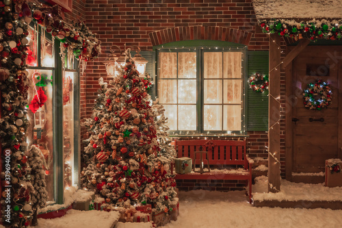 snow-covered designer New Year's streets, with trees and toys