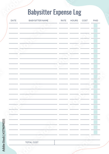 Minimalist Babysitter Expense Log for Expense Printable Sheet, Child Care Budget Planner, Money Tracker,
Custom planner pages template vector paper A4 and US Letter Ai, EPS 10