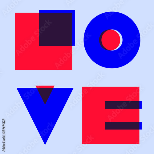 Love word vector. Flat modern style word Love. Valentine's Day geometric poster. Scandinavian letters made with simple geometrical forms and hand-drawn shapes. Bauhaus font banner downloads. Quote. photo