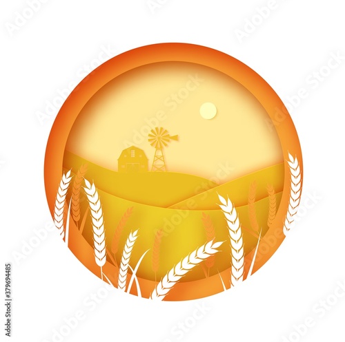 Agriculture field with spikelets of wheat barn and windmill in papercut style. 3D round frame with farm autumn landscape paper cut meadow. Vector illustration of environmental conservation concept