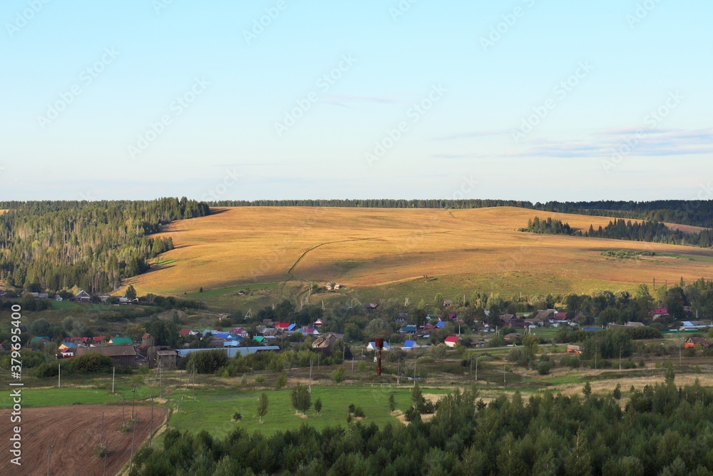 Bird's eye view of the village and farmland