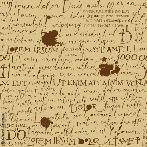 Vector seamless pattern with brown handwritten text on the old paper backdrop. Lorem Ipsum. Decorative repeatable background. Suitable for Wallpaper, wrapping paper, fabric, textile in retro style