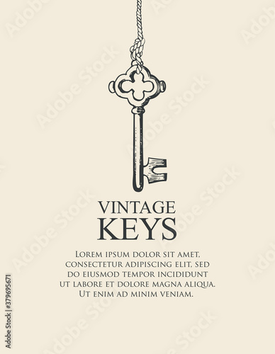 Banner with a vintage key and place for text on a light background. Vector illustration in retro style with a hand-drawn old key hanging on a string