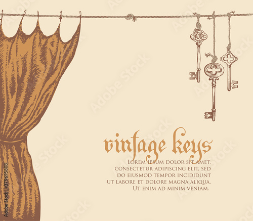 Banner with vintage keys, curtain and place for text on a light background. Vector illustration in retro style with hand-drawn old keys and golden portiere hanging on a rope