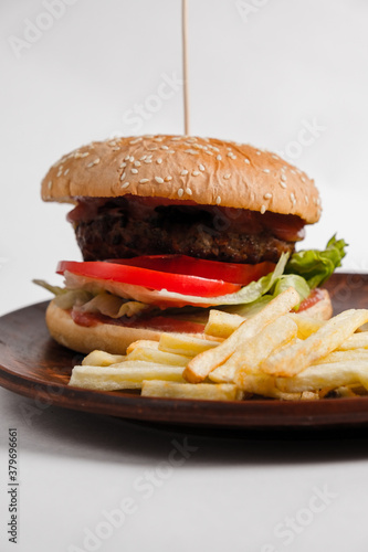 burger and french fries on the clay plate. on a white background
