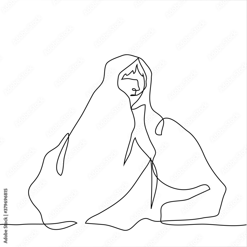 man sits wrapped in a blanket. one continuous line art concept need for ...