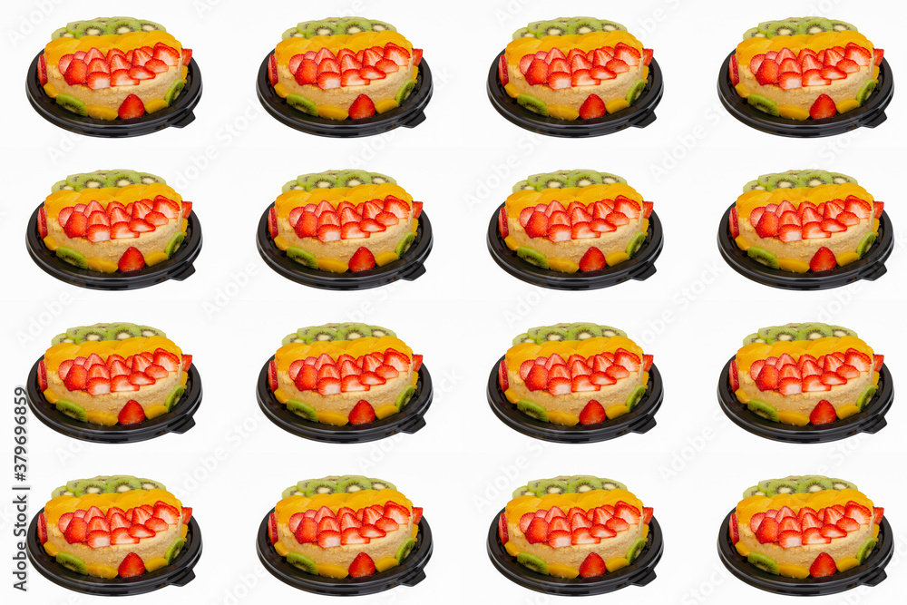 Ilustración formada por postres decorados con frutas sobre fondo blanco. Ilustración formada por postres decorados con frutas sobre fondo blanco.