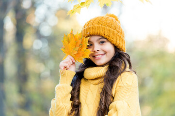 Feeling the nature. knitwear warm you in any weather. girl in yellow sweater and hat. kid enjoy nature in autumn park. fall is a time for fun. fall fashion for kids. child hold autumn maple leaves