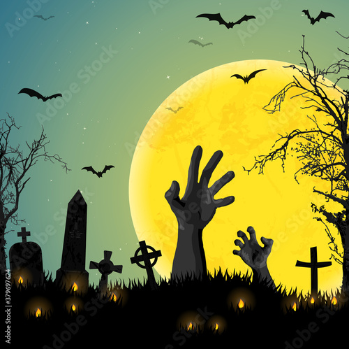 Halloween zombie hands in front of full moon