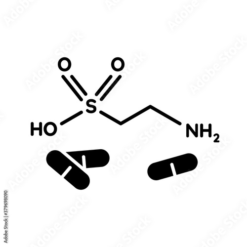 Taurine black glyph icon. Scientific formula for organic compound. Energy drink supplement. Pharmaceutical additive. Atomic bond. Silhouette symbol on white space. Vector isolated illustration
