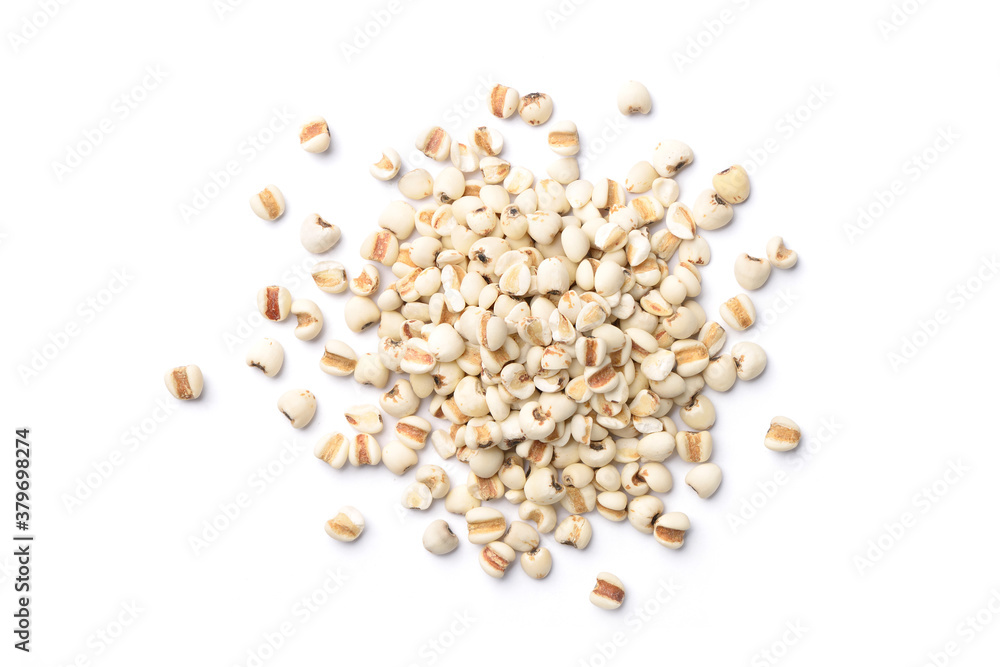 Flat lay (top view) pile of Job's tears ( Adlay millet) isolated on white background. Flat lay (top view) pile of Job's tears ( Adlay millet) isolated on white background.