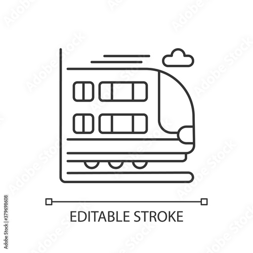 Bilevel train linear icon. Double decker rail car. Modern railway transport, thin line customizable illustration. Contour symbol. Large commuter train. Vector isolated outline drawing. Editable stroke