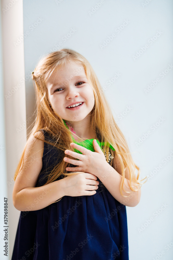 a little girl with long blonde hair in a blue dress with her favorite stuffed dinosaur toy. happy childhood. a little girl with long blonde hair in a blue dress with her favorite stuffed dinosaur toy. happy childhood.