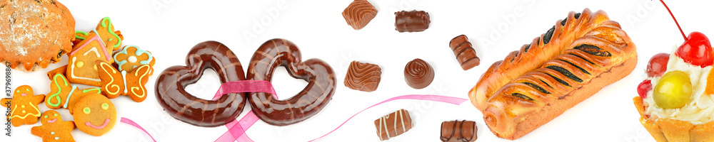 Set of confectionery and sweets isolated on a white . Panoramic collage. Wide photo.
