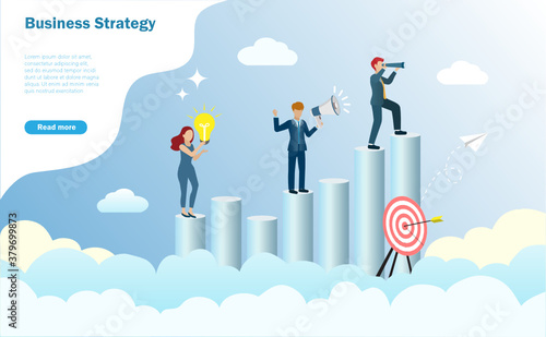 Business goal, vision and strategy concept.Business Team standing at graph in cloudy sky with binocular searching for successful target direction of strategic solution and growth financial profit
