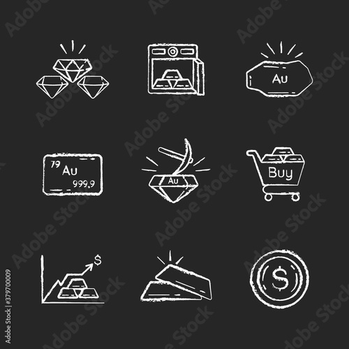 Precious metals chalk white icons set on black background. Platinum and silver bars in safe. Mining for gold. Gemstones for jewellery. Golden bullion. Isolated vector chalkboard illustrations