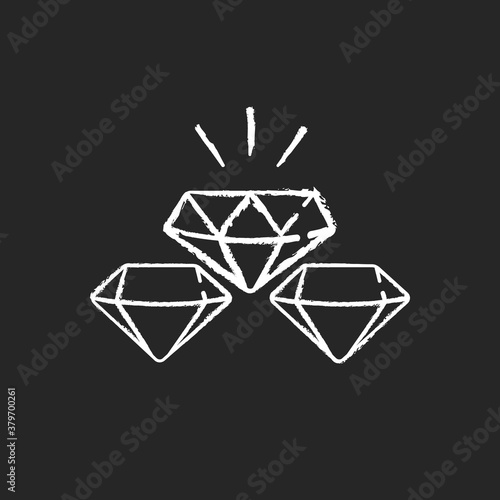 Precious gems chalk white icon on black background. Gemstones for jewellery. Luxury diamond. Treasure for investment. Faceted precious stones. Isolated vector chalkboard illustration