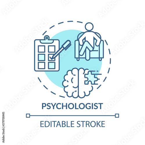 Psychologist concept icon. Medical speciality idea thin line illustration. Doing researches. Mental health clinician. Mind study. Vector isolated outline RGB color drawing. Editable stroke