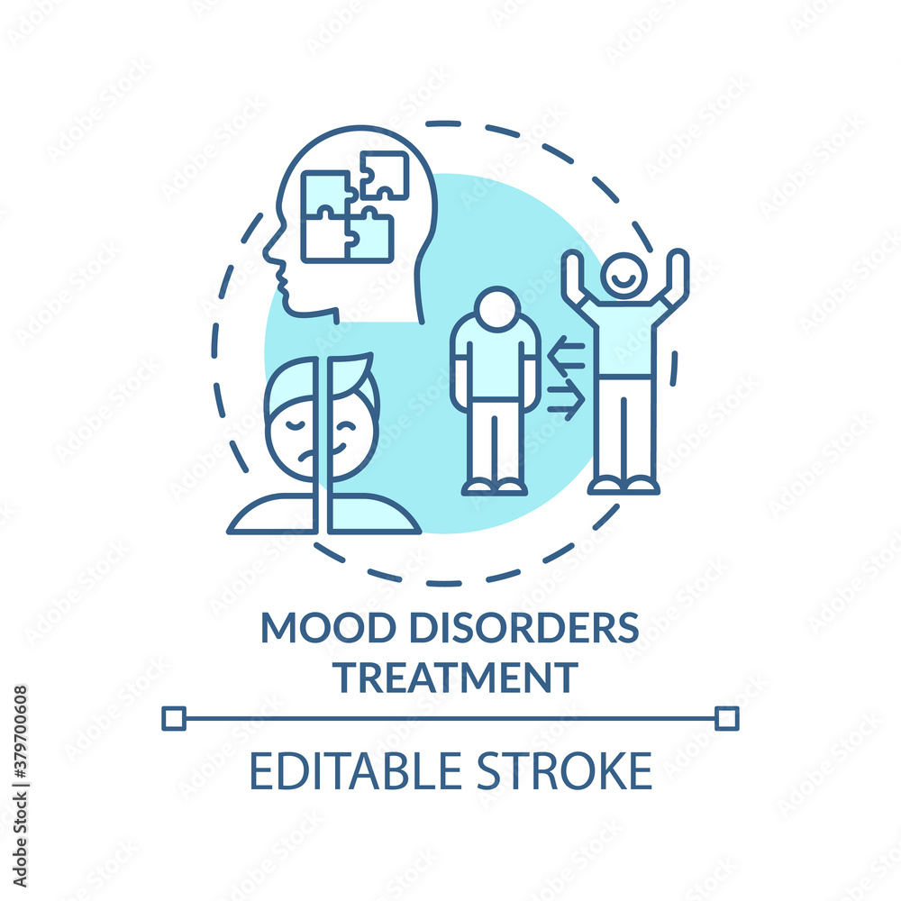 Mood disorders treatment concept icon. Bipolar disorder diagnostics idea thin line illustration. Depression. Mood stabilizing medicines. Vector isolated outline RGB color drawing. Editable stroke Mood disorders treatment concept icon. Bipolar disorder diagnostics idea thin line illustration. Depression. Mood stabilizing medicines. Vector isolated outline RGB color drawing. Editable stroke
