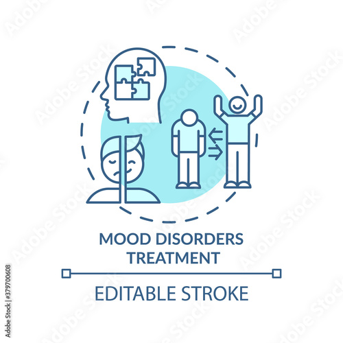 Mood disorders treatment concept icon. Bipolar disorder diagnostics idea thin line illustration. Depression. Mood stabilizing medicines. Vector isolated outline RGB color drawing. Editable stroke