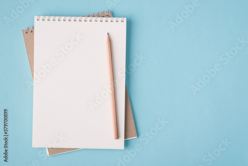 Top above overhead view flat lay photo of a blank notebook and a pencil placed to the left side isolated on pastel blue color background with copyspace