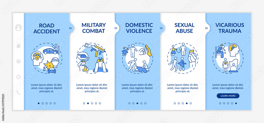 Posttraumatic stress causes onboarding vector template. Road accident, military combat, sexual abuse. Responsive mobile website with icons. Webpage walkthrough step screens. RGB color concept