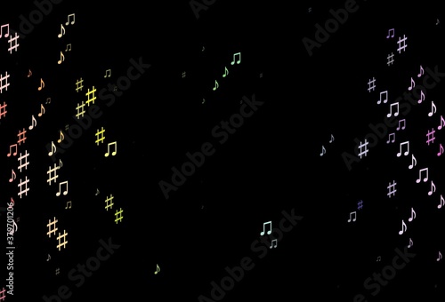 Dark Multicolor, Rainbow vector background with music symbols.
