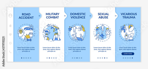 Posttraumatic stress causes onboarding vector template. Road accident, military combat, sexual abuse. Responsive mobile website with icons. Webpage walkthrough step screens. RGB color concept © bsd studio